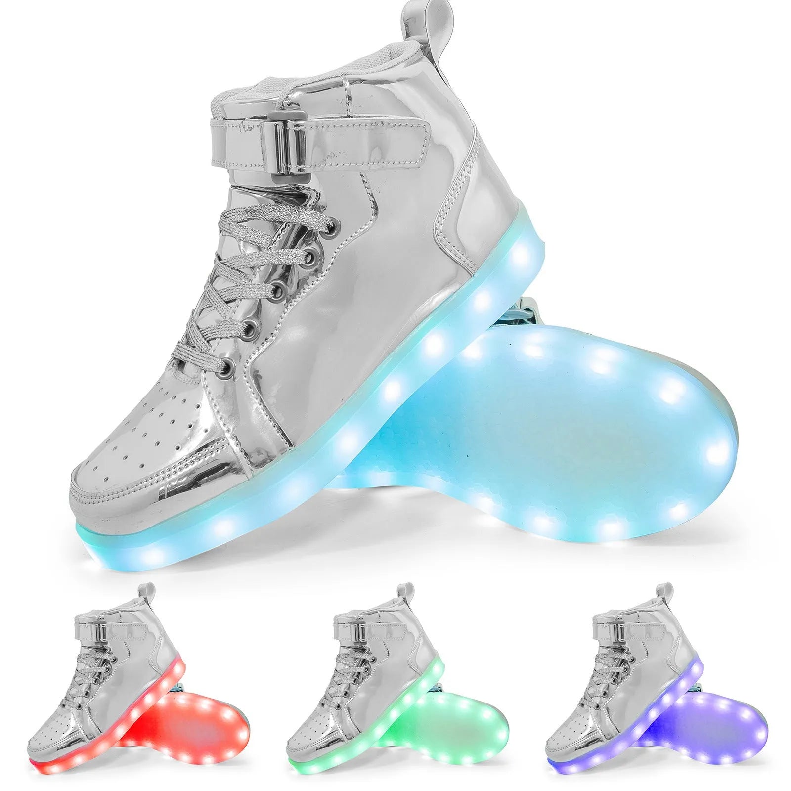 LED high-top board shoes with velcro strap and light-up sole in black, gold, and white colours