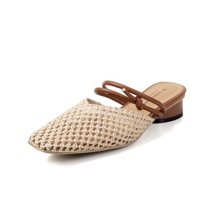 Women's black breathable outdoor slippers with square toe and chunky heel on a rubber sole.