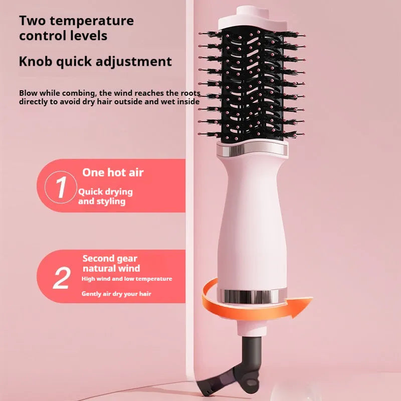 Pink multifunctional hair dryer with integrated comb and curling attachments for complete hair styling