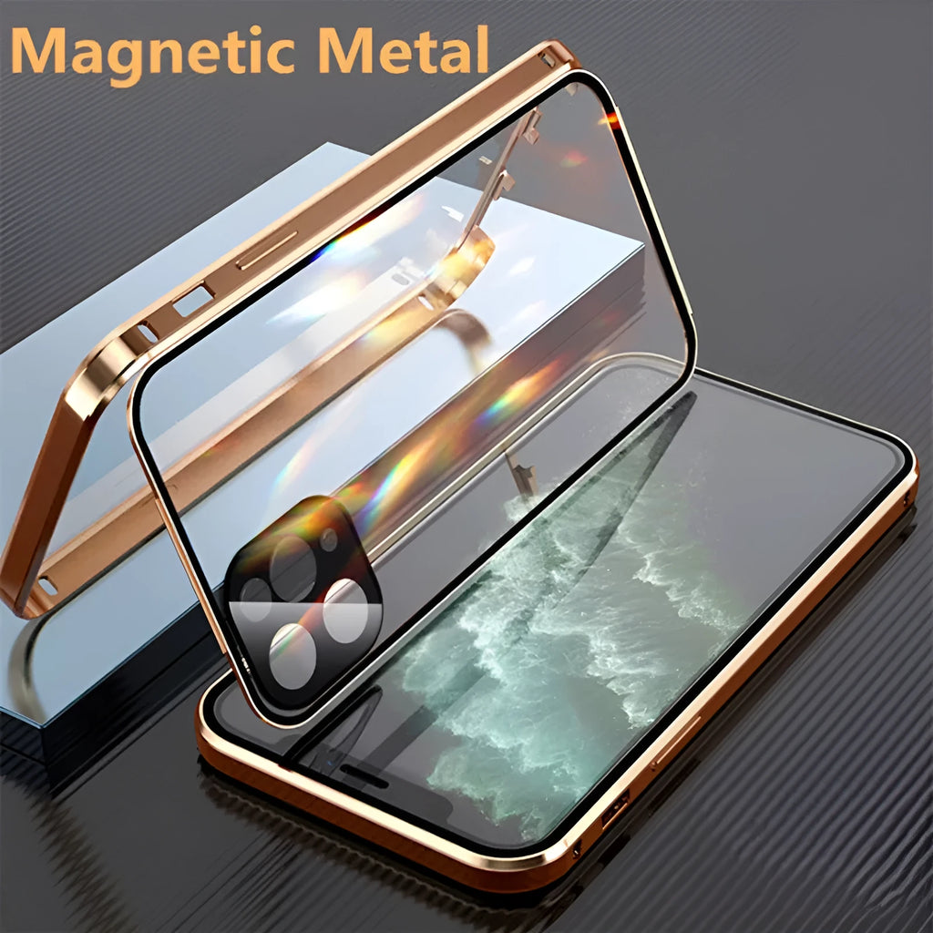 Aluminium metal frame and tempered glass iPhone bumper case in colours black, blue, red, silver.