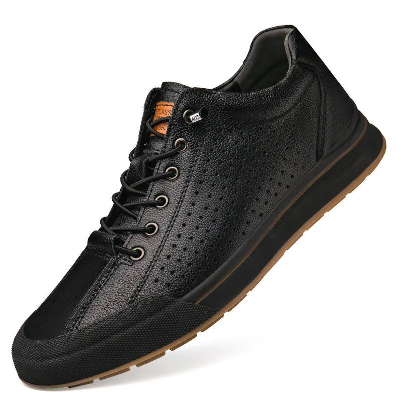 Men's white and black matte leather casual shoes with round toe and flat heel.