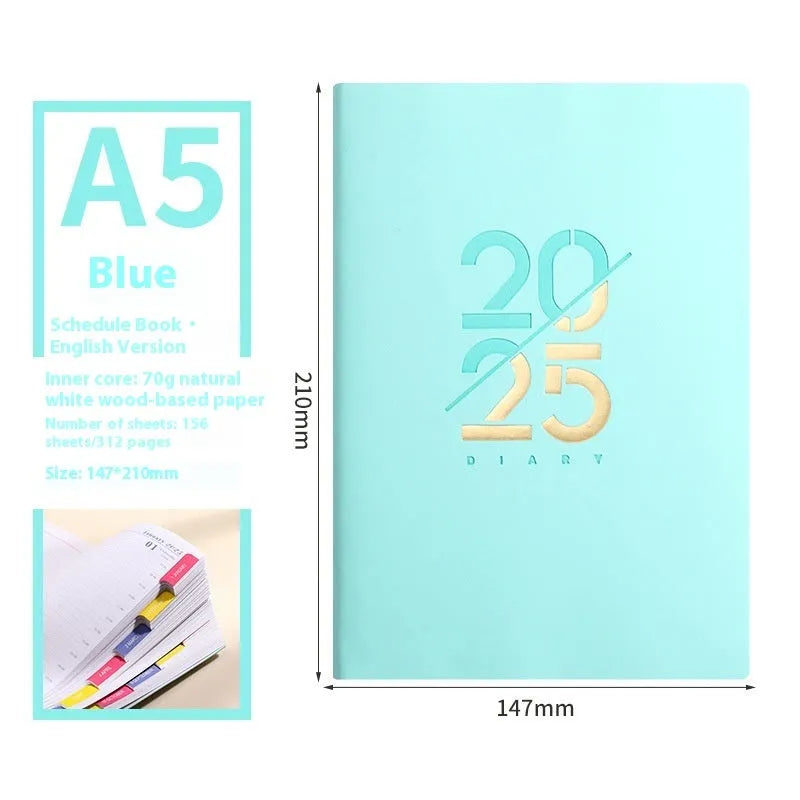 2025 A5 daily plan schedule book with soft faux leather cover in blue, pink, yellow, purple and green
