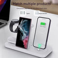 Three-in-one wireless charger with rotating stand for phone headset watch in white finish