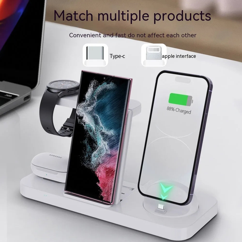 Three-in-one wireless charger with rotating stand for phone headset watch in white finish