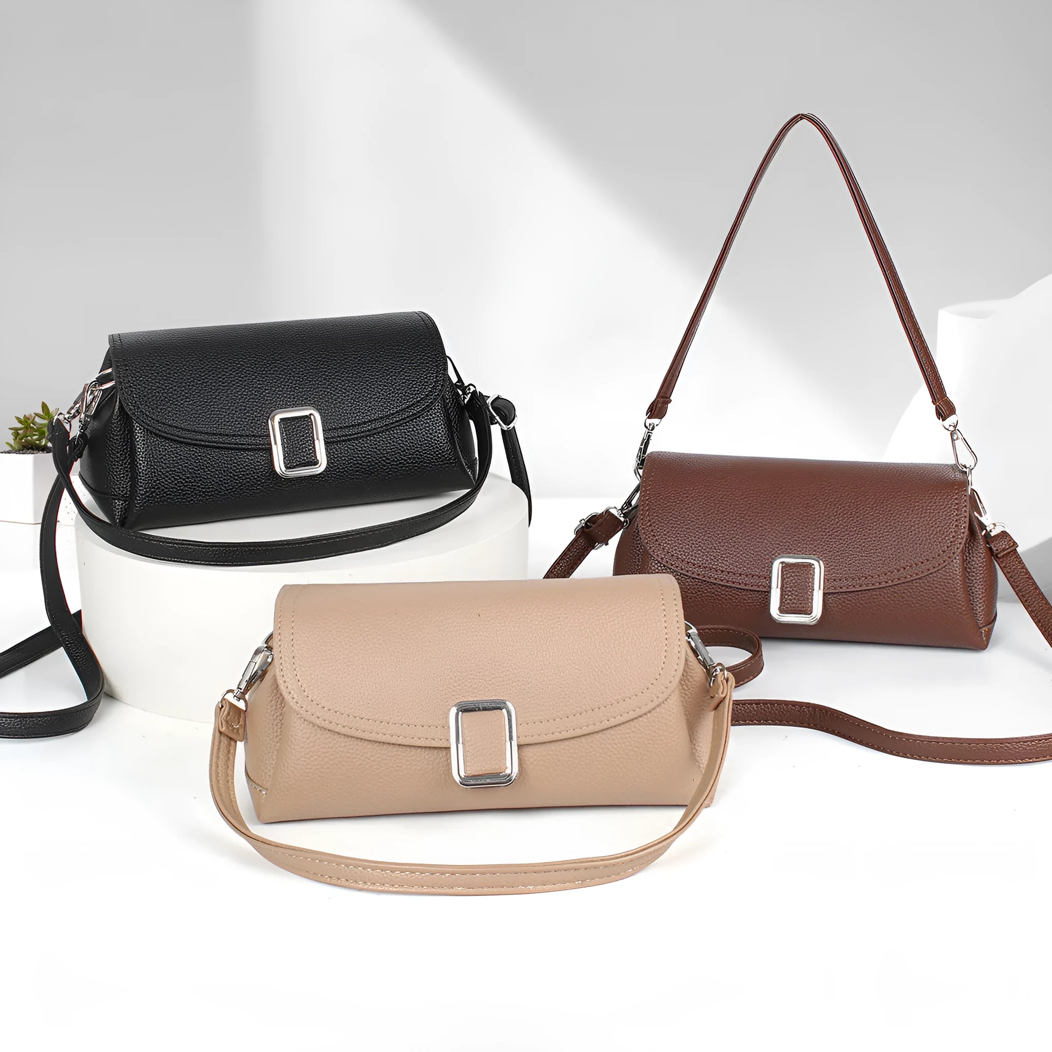 Ladies PU shoulder handbag in crossbody style, 25cm length, compact size for commuting and shopping