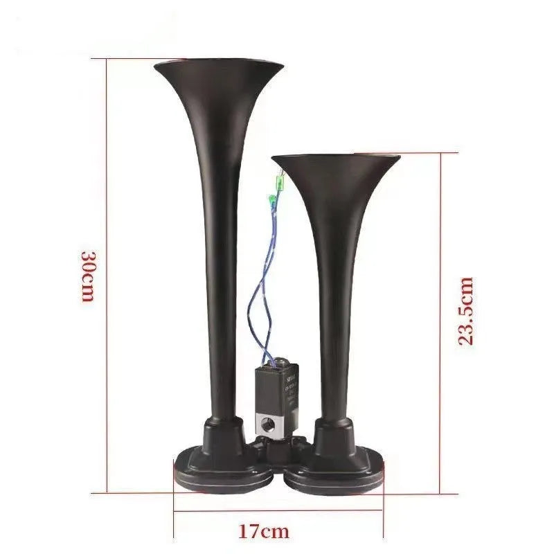 Black 300DB dual trumpet super loud air horn kit for 12V and 24V vehicles