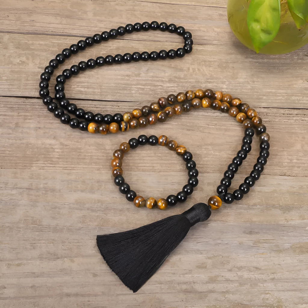 Vintage tiger eye stone drop shape tassel pendant on ball bead chain necklace