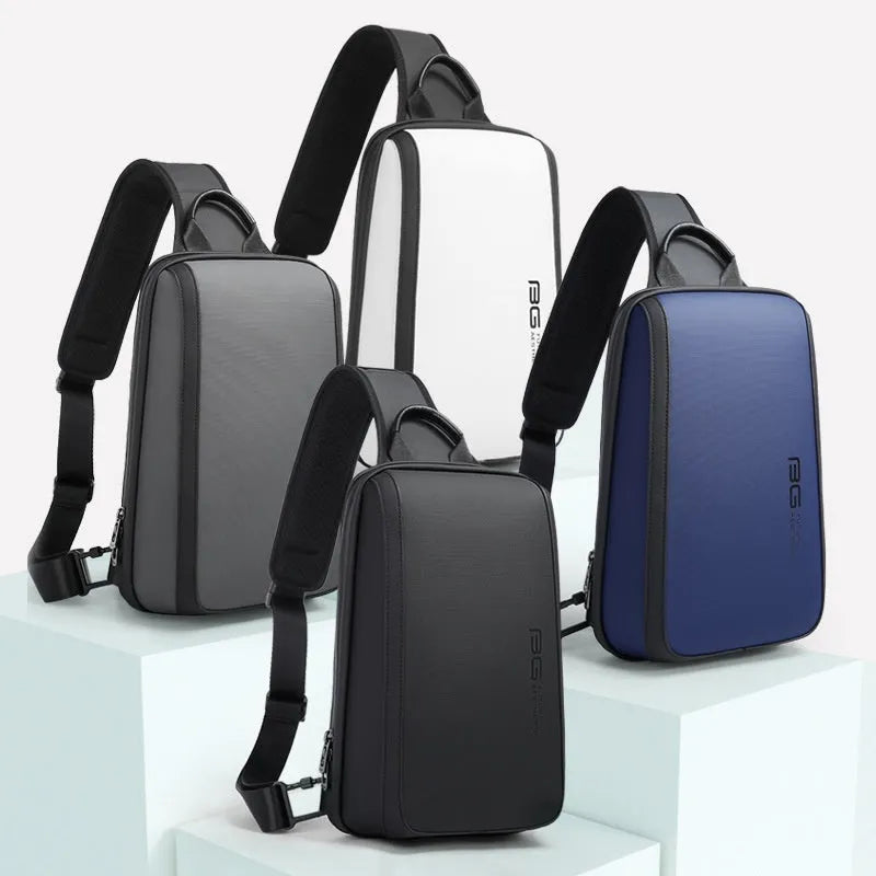 Blue Oxford cloth chest messenger bag with double shoulder straps showing soft handle and compact dimensions