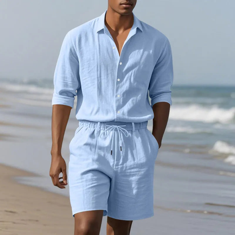 Men's linen long sleeve shirt and shorts beach suit set in light blue colour