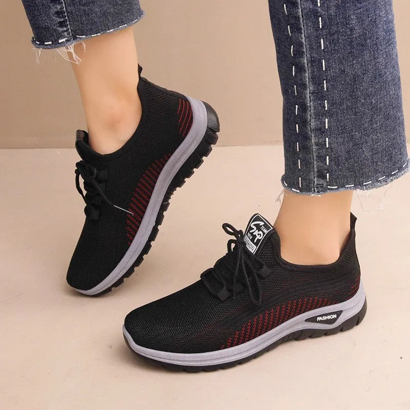 Women's mesh breathable plus size round toe sneakers with flat heel cross strap design in black gray purple