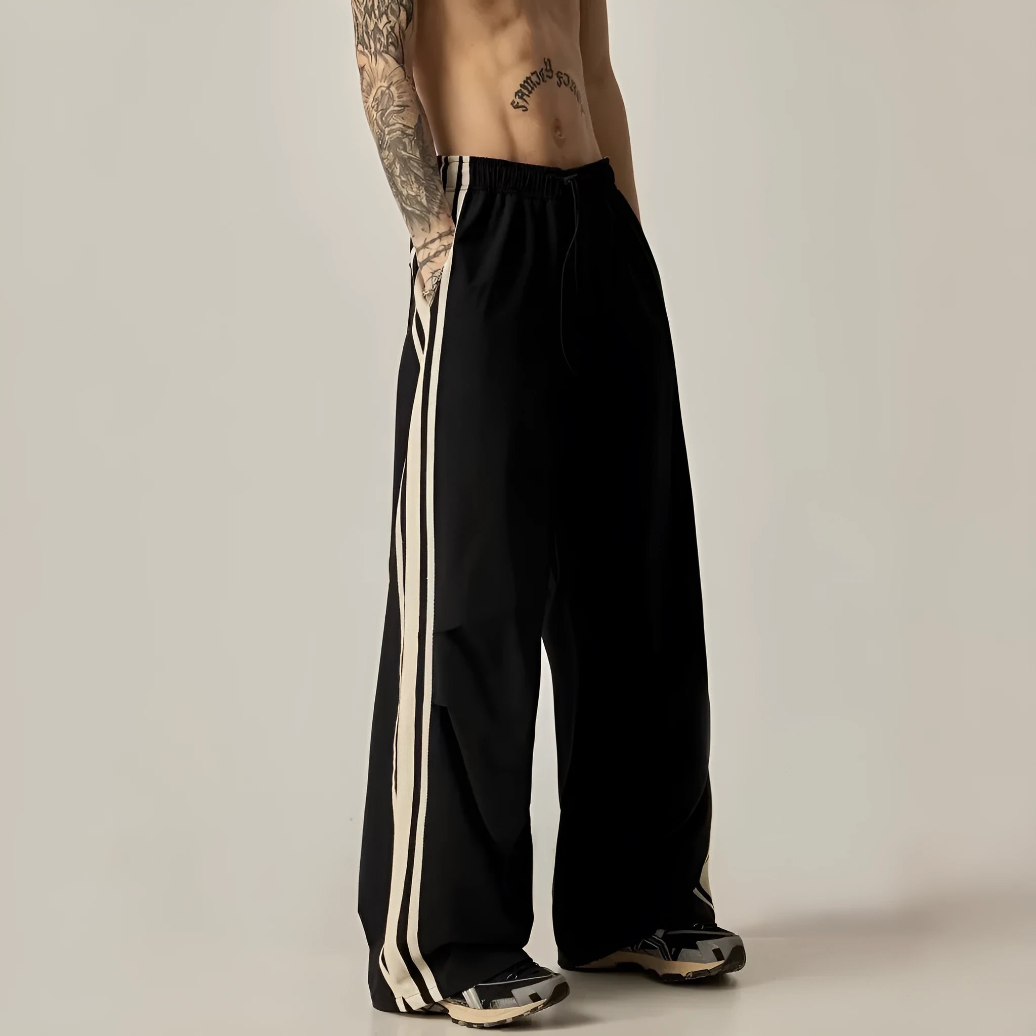Black men's wide leg climbing trousers with high waistband and straight-leg casual design