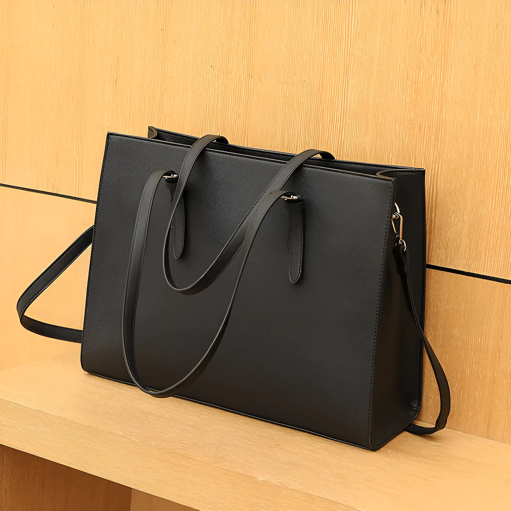 Large capacity women's shoulder business computer bag in PU, horizontal square shape 43x14x33cm, black colour with multiple compartments