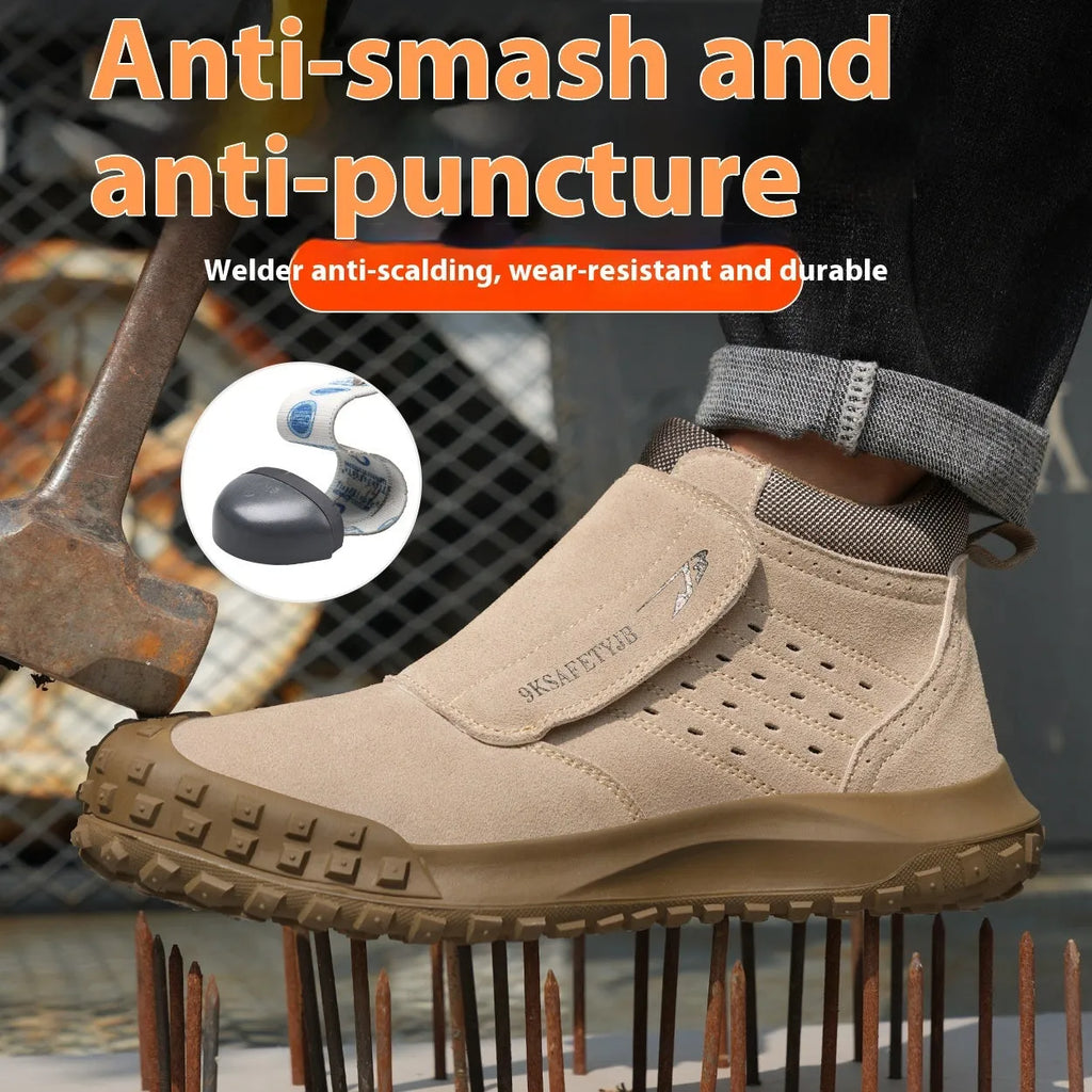 Four Seasons lightweight welder labour protection shoes steel toe anti-scald PU leather mid-top grey