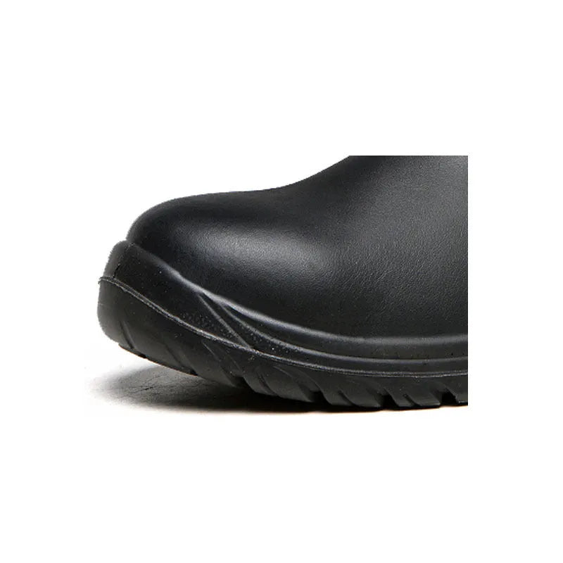 Black leather high-top safety boots with anti-piercing sole protection for workplace use