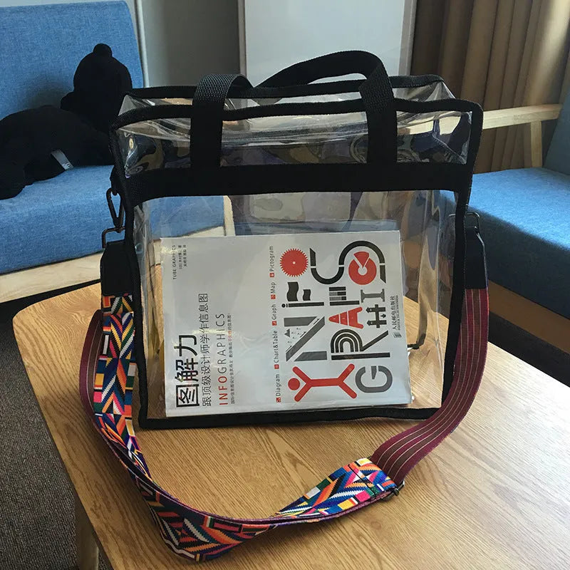 Women's transparent PVC messenger bag with clear front compartment and crossbody straps