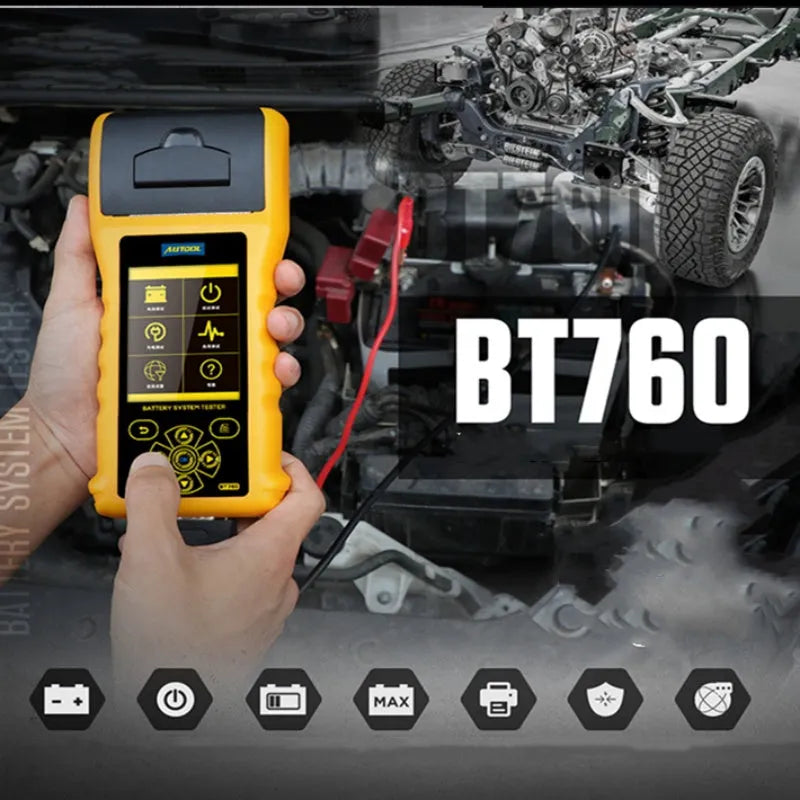 Autool BT760 colour screen automotive battery tester with attached clips and printed diagnostic receipt.