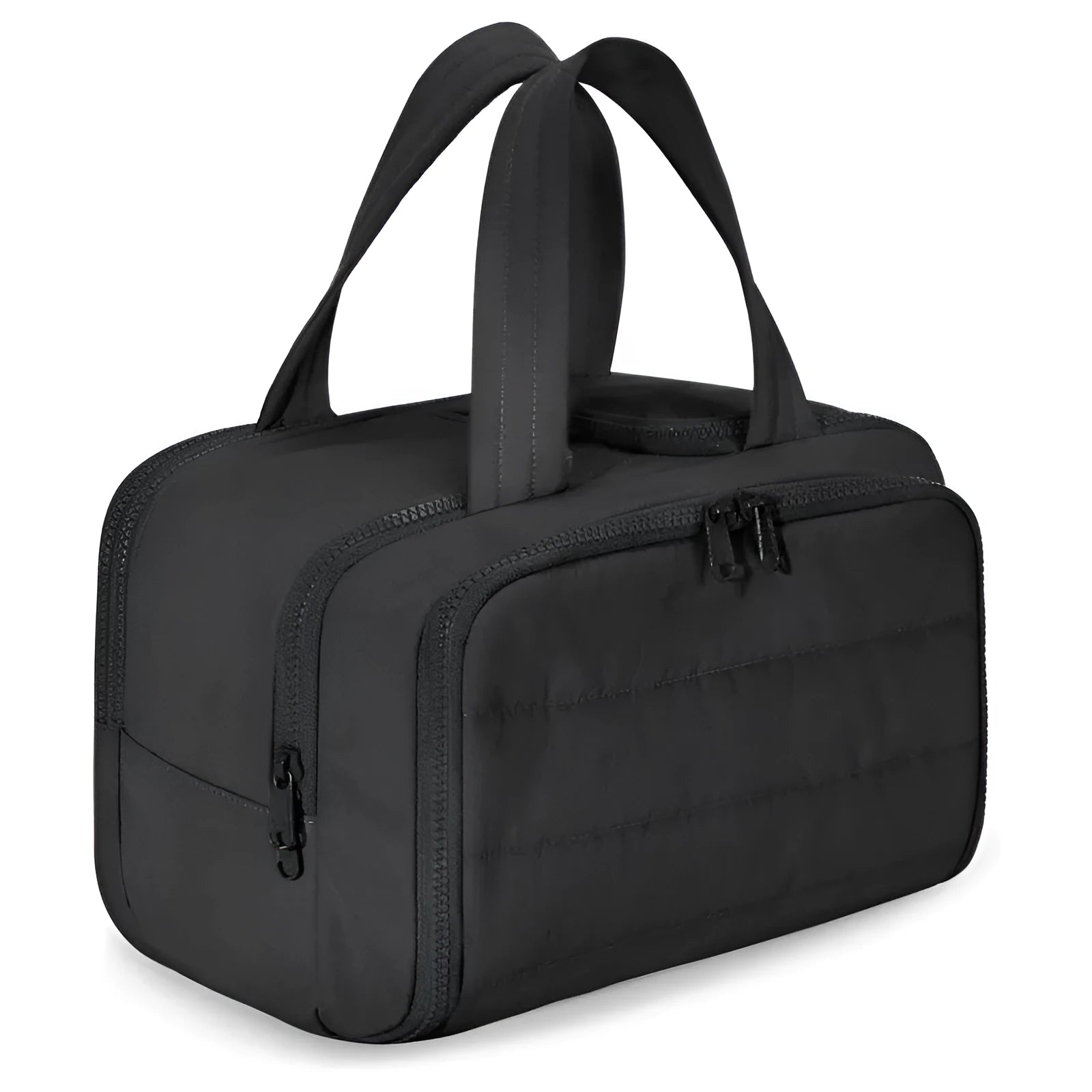 Large lightweight polyester travel toiletry bag with wide opening in beige colour on a neutral background.