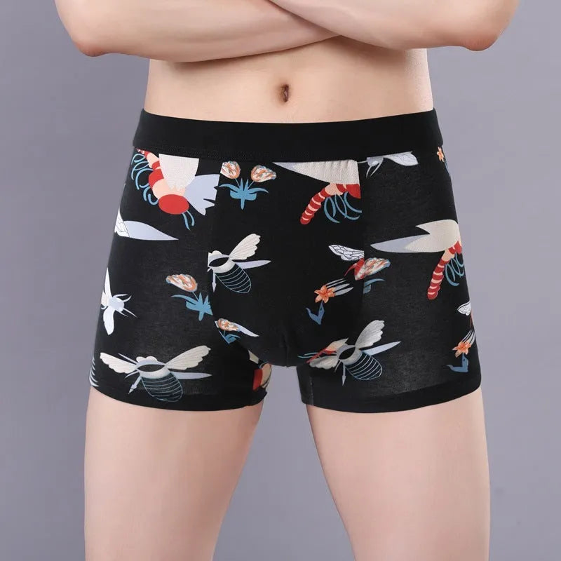 Men's cotton boxer briefs with floral pattern and U-shaped pouch design on a mid-waist.
