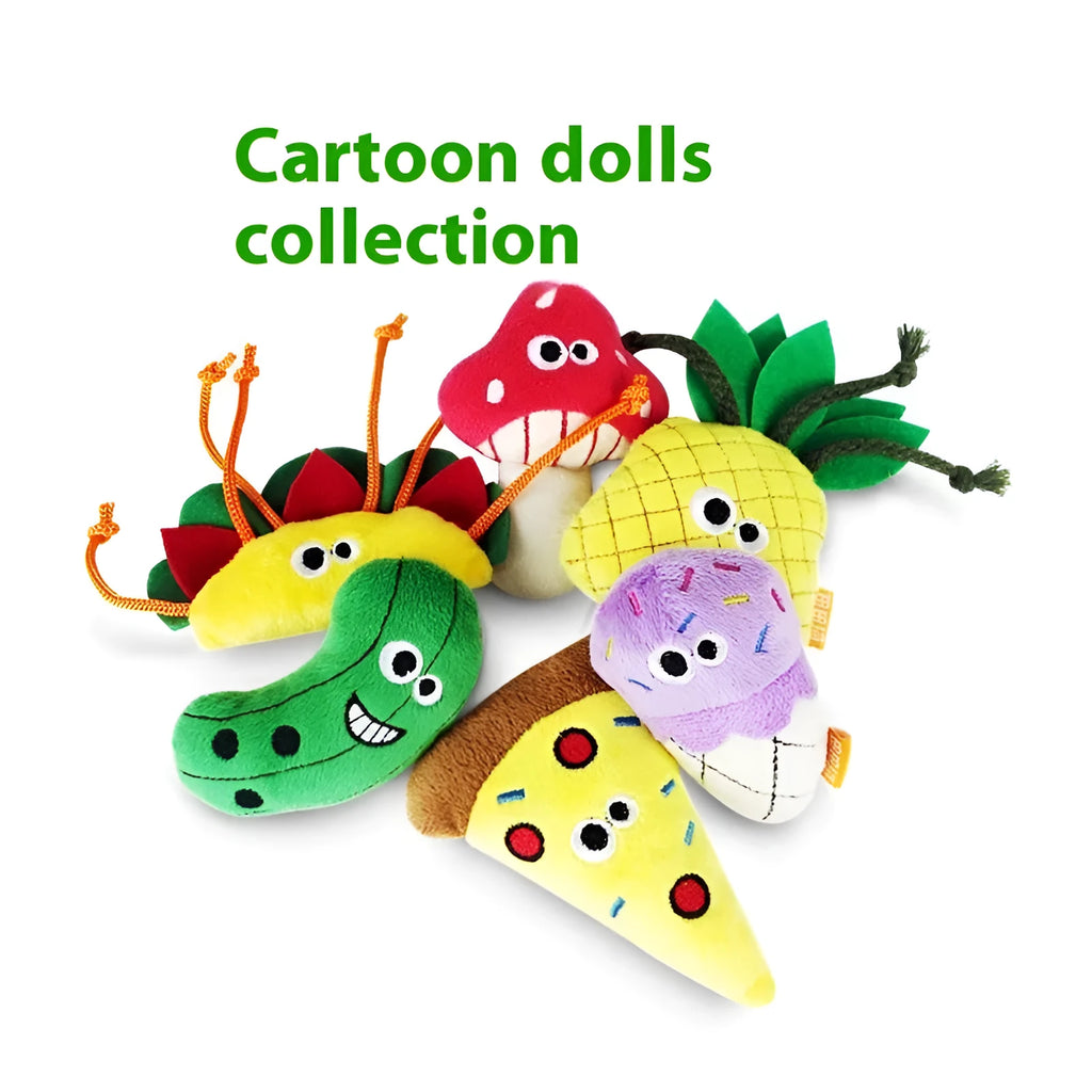 Catnip-filled plush cat toy pillow in various food shapes like burrito and pineapple.