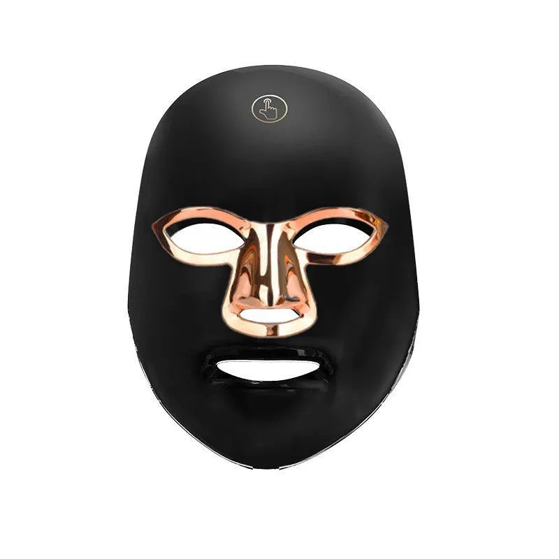 Rechargeable LED beauty mask for facial light therapy with manual touch controls in black gold edge colour