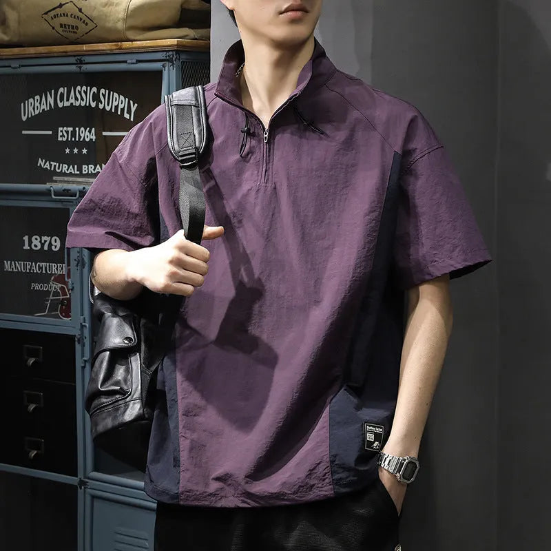 Men's brown ice silk half-zip stand collar business shirt with short sleeves on hanger