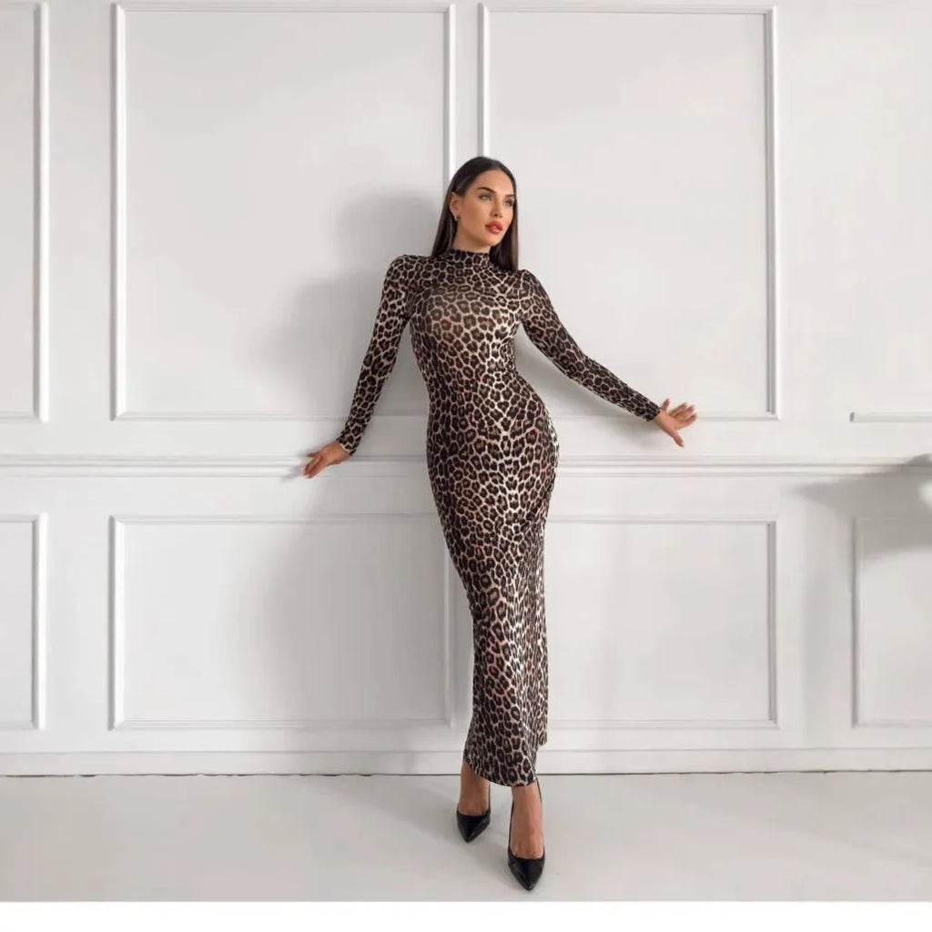 Fashion leopard print stand collar long sleeve long dress with high waist hip skirt in milk silk fabric