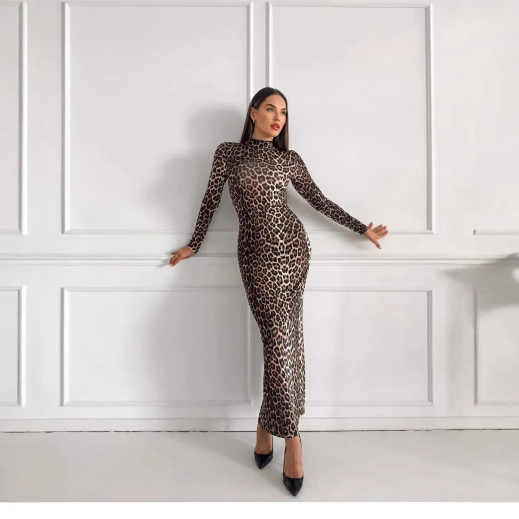 Fashion leopard print stand collar long sleeve long dress with high waist hip skirt in milk silk fabric