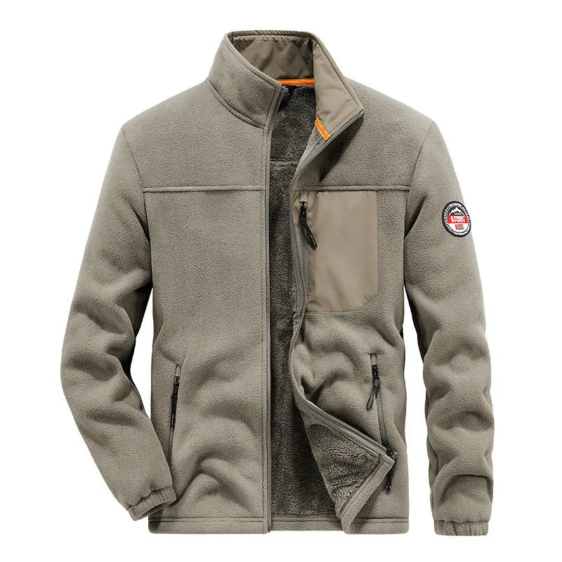 Men's solid-colour thickened fleece cardigan with zipper pocket in gray, black, blue, or khaki, sizes M to XXXXL