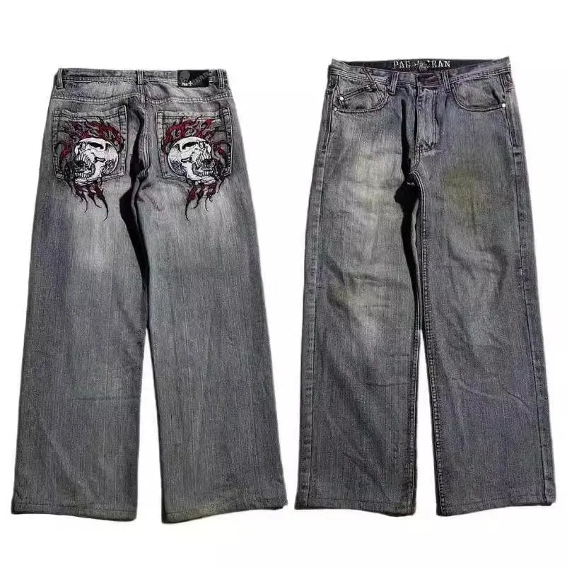 Men's grey washed-out wide-leg jeans with a straight-leg workwear design on a neutral background.