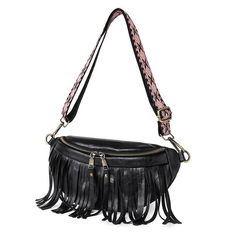 PU leather messenger bag with tassel and pleated chest design, available in multiple colours, on a plain background.