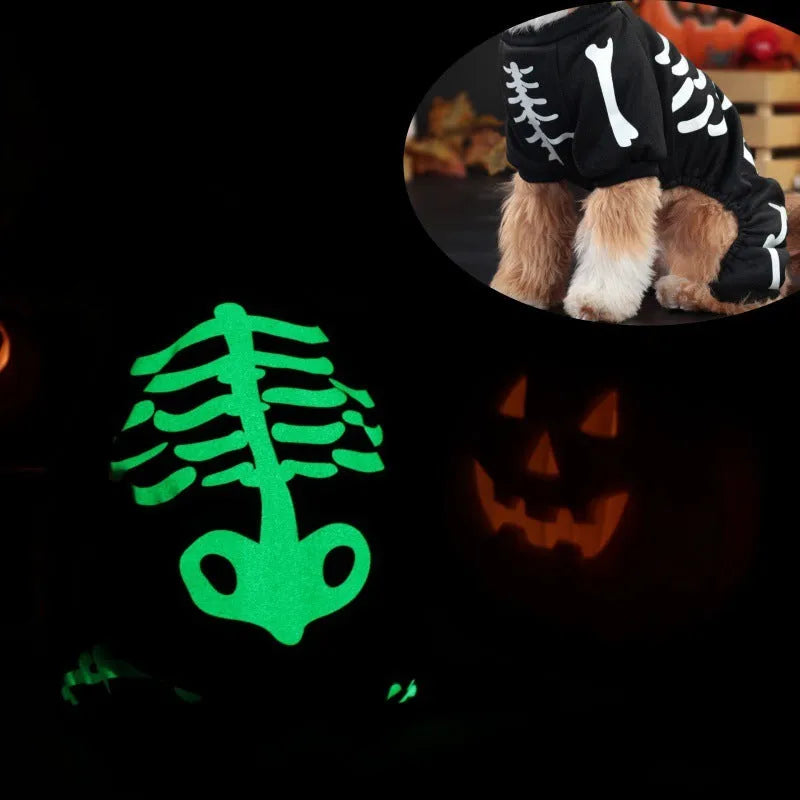 Halloween pet clothing with luminous skull bones design in milk silk fabric on a light background