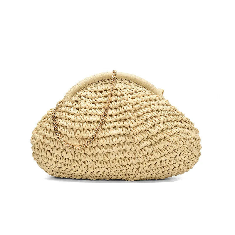 Women's beige straw shoulder bag with chain detail and a zippered interior.
