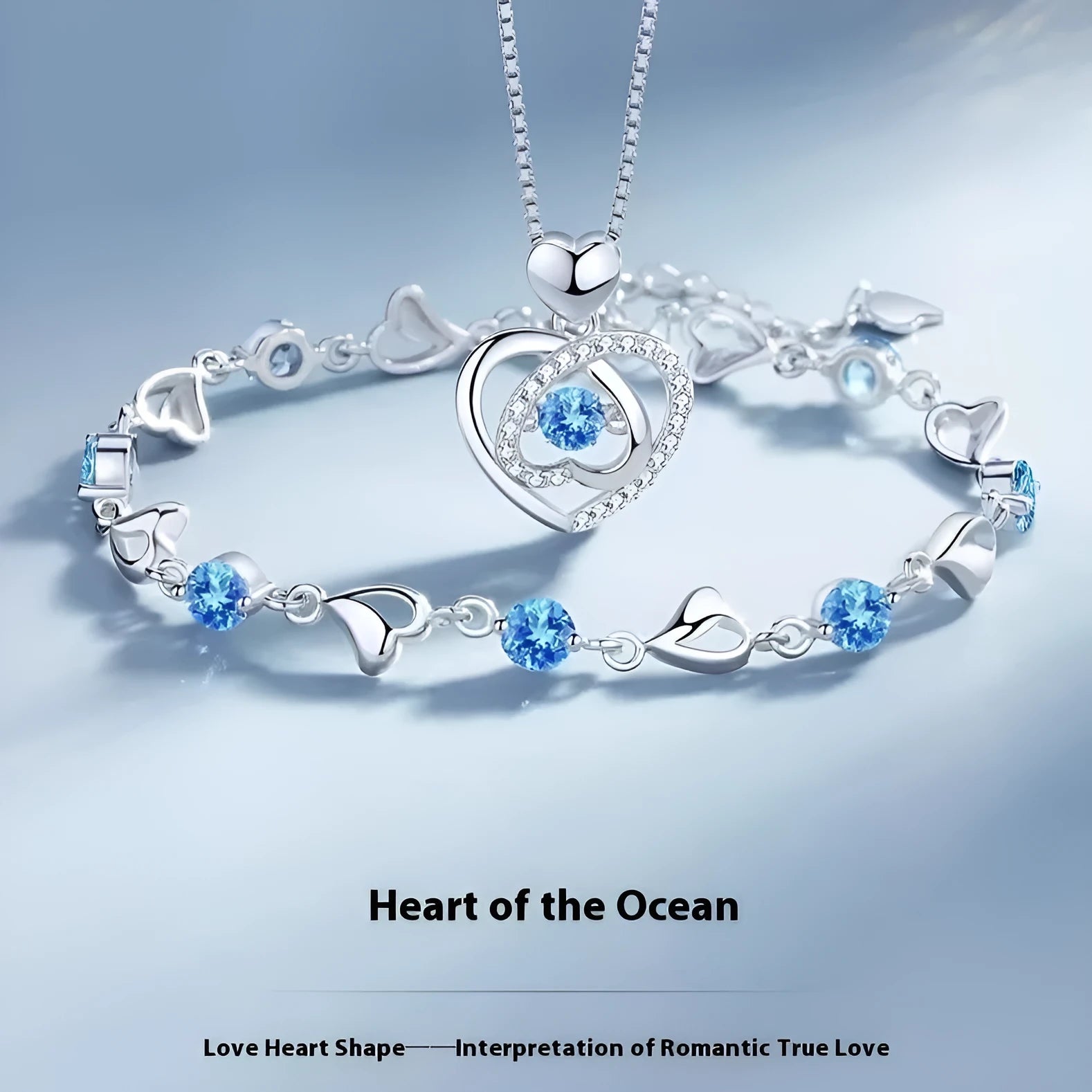 Blue diamond electroplated copper heart necklace and bracelet set with mixed gem inlaid pendant on adjustable 41-50cm chain