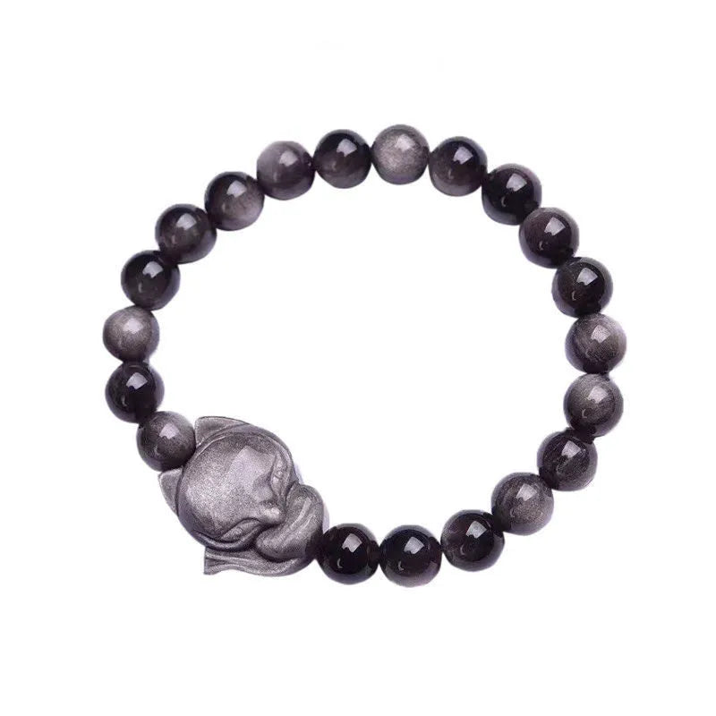 Obsidian single ring bracelet with 8mm fox charm in polished finish