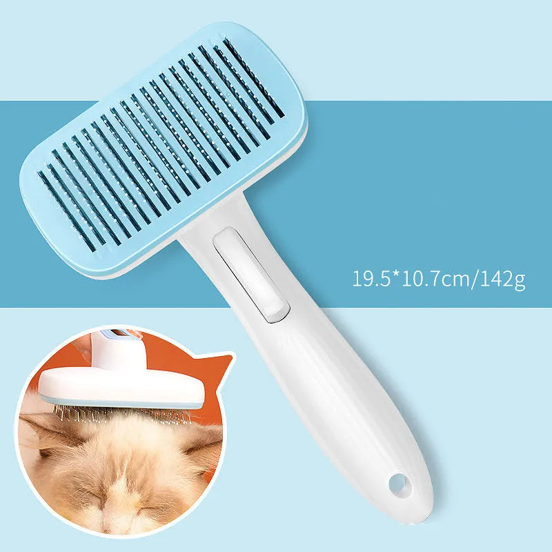 Automatic pet hair removal comb for dogs and cats showing one-click operation mechanism