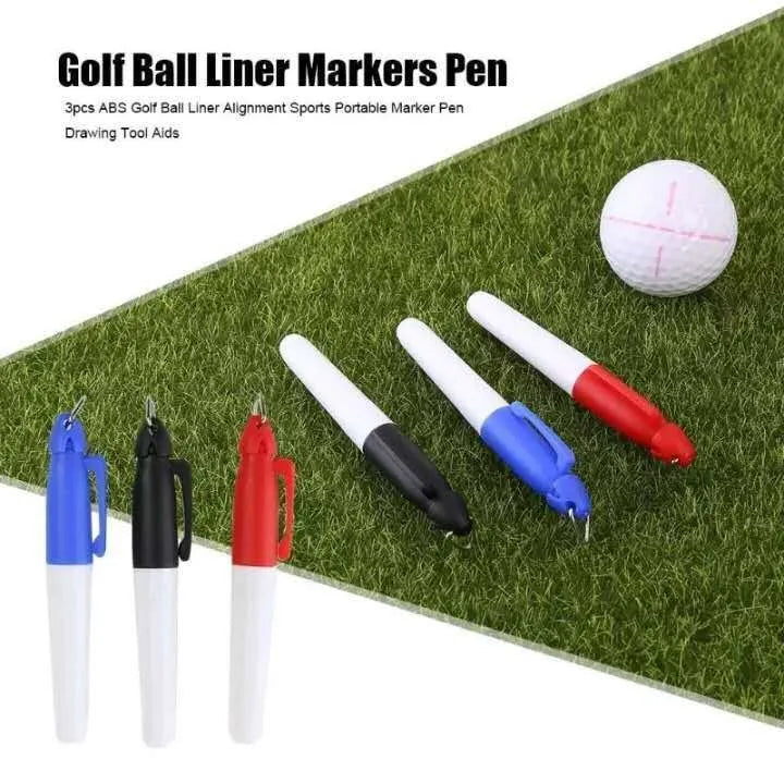Golf ball line drawing supplies kit with pen package, two alignment tools and markers, clip attached to golf bag