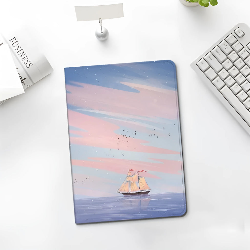 Silicone book-style iPad cover with dreamy painting style sailing design, fits multiple iPad sizes