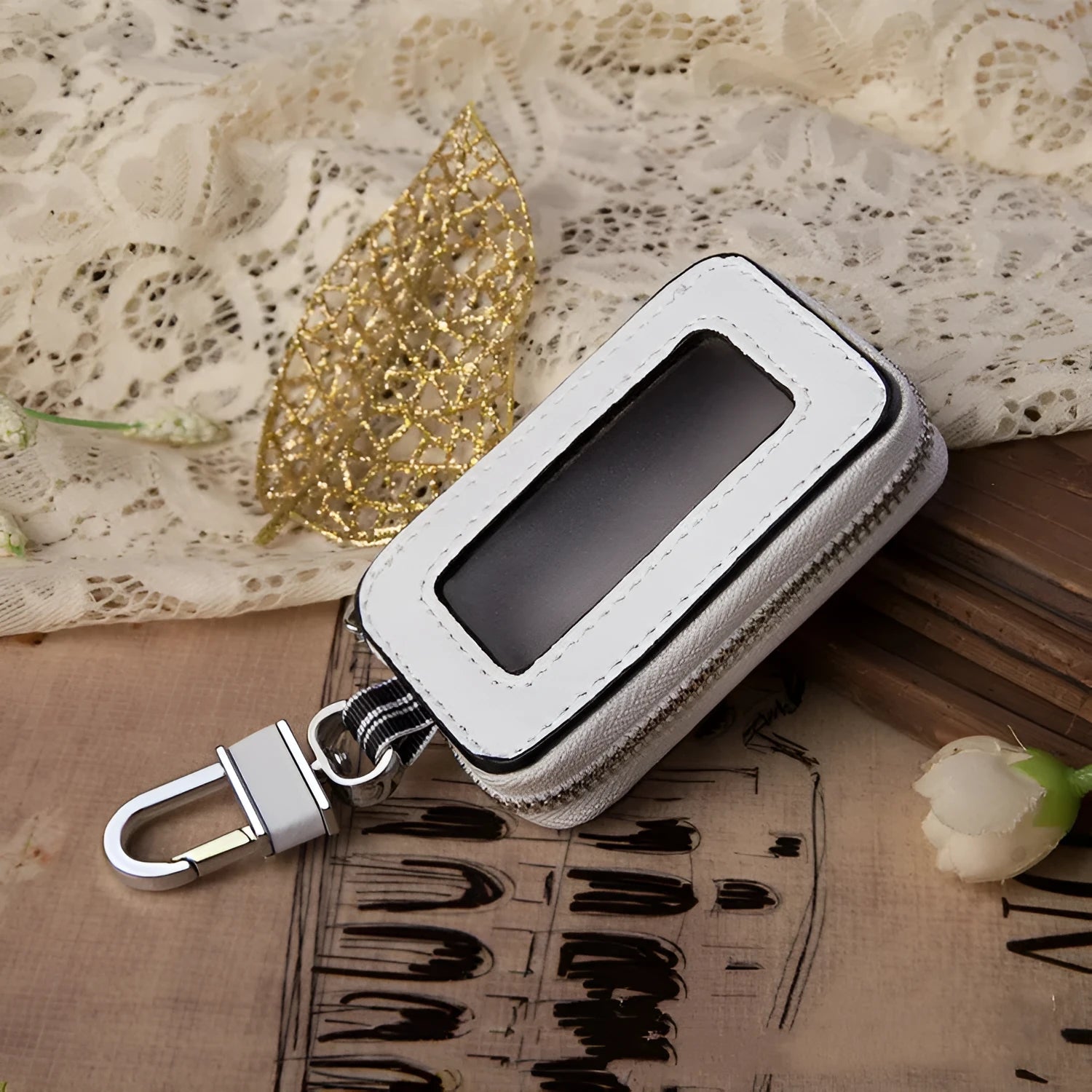 Genuine leather car key case in white, square vertical design, 8.3x5x2cm, plain weave texture