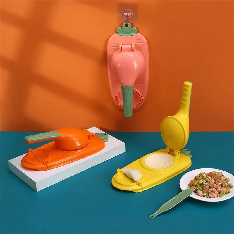 2-in-1 dumpling skin press tool in orange, made of food-grade plastic, with ergonomic handle and hanging hole