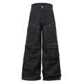 Multi-pocket pleated black denim workwear trousers for teenagers with zip placket