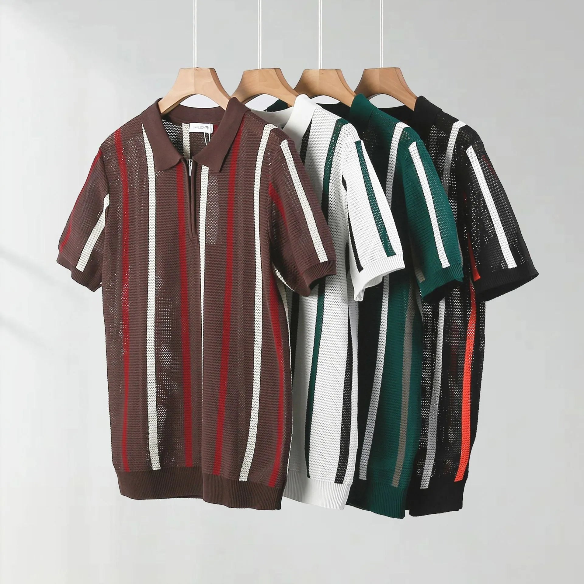 Hollow mesh short-sleeved knitting polo shirt in Ice Silk fabric, loose fit, zipper decorations, summer casual