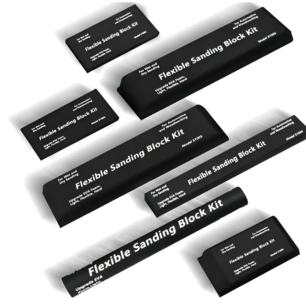 Seven black EVA foam modelling blocks with a frosted texture arranged together.