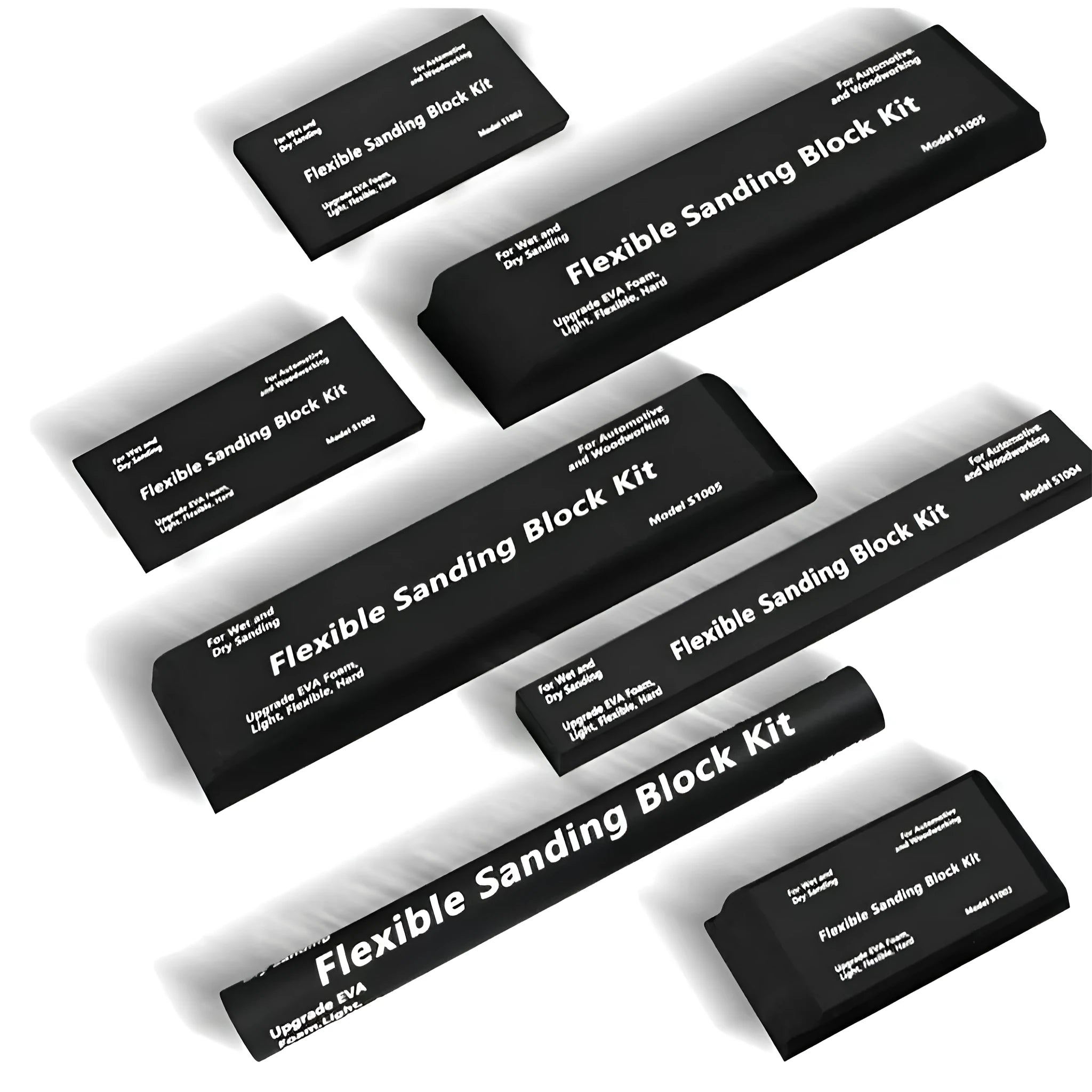 Seven black EVA foam modelling blocks with a frosted texture arranged together.