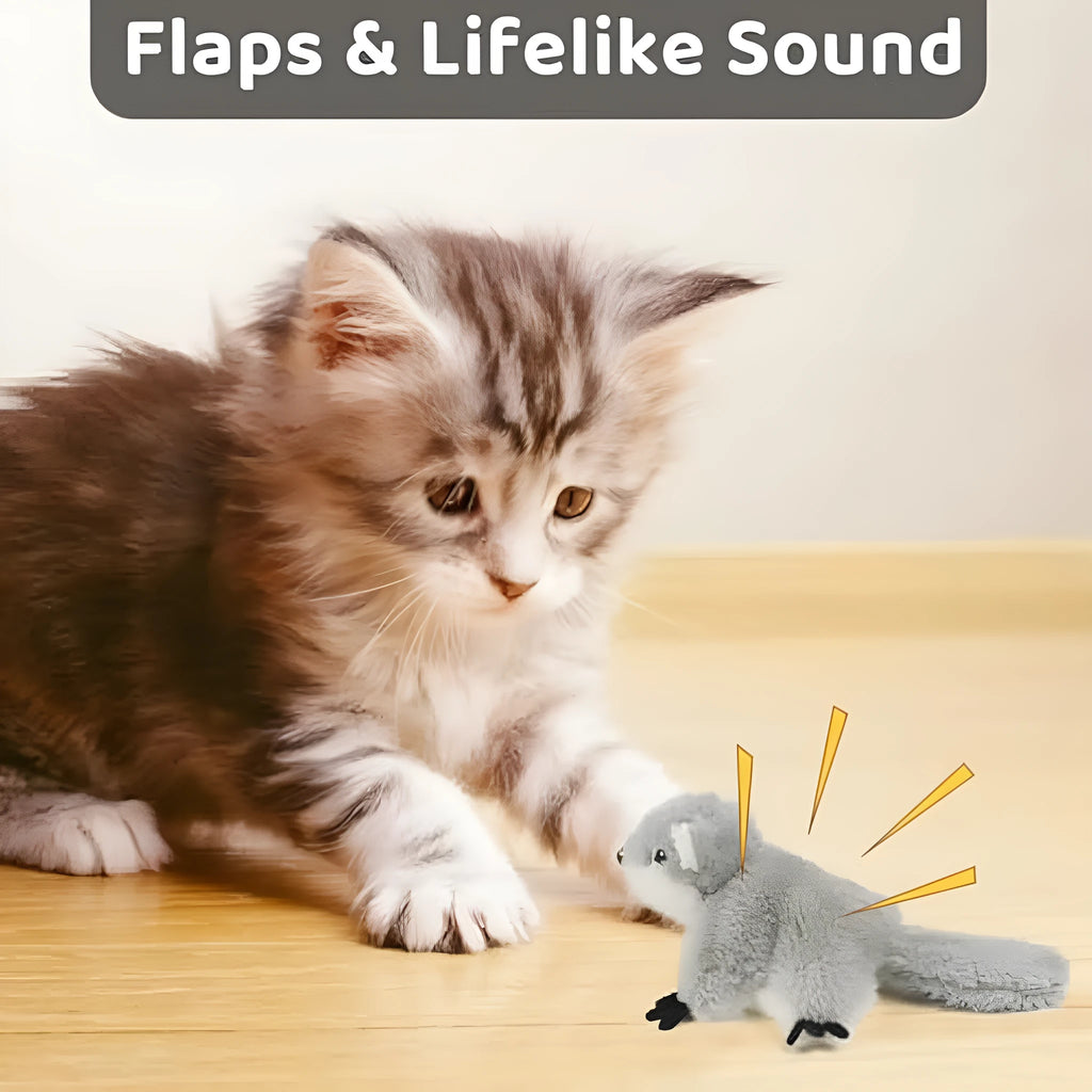 Grey flapping squirrel cat toy with motion sensor, USB charging port, and realistic sound features
