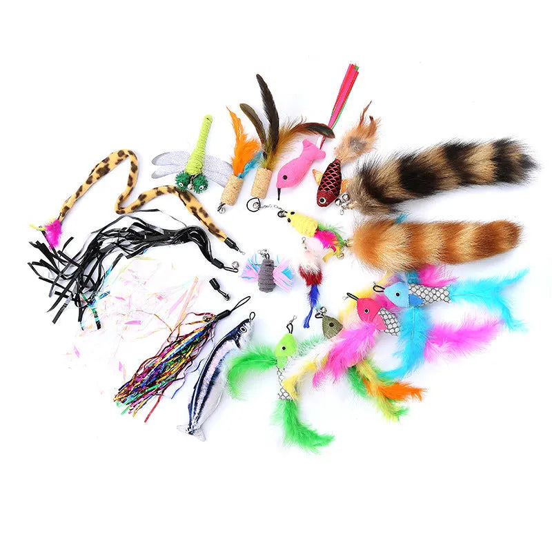 Handheld cat teasing fishing rod set with two poles and a selection of feather heads.