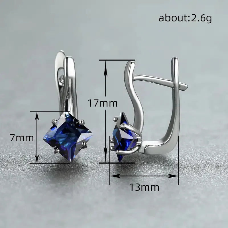 Women's copper earrings with diamond design featuring inlaid zircon crystals in blue, colour, and green options