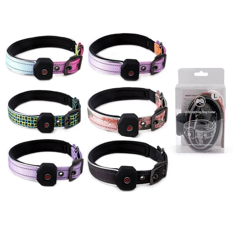 Blue and green plaid LED luminous dog collar with reflective stripe and USB charging, on a white background