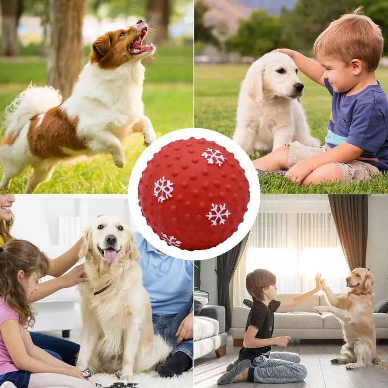 Red and green festive dog toy balls with snowflake patterns, 7cm diameter, with squeaker and air vents