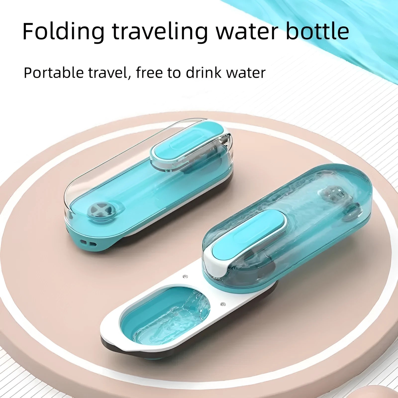 Portable dog water bottle with foldable drinking bowl in blue colour
