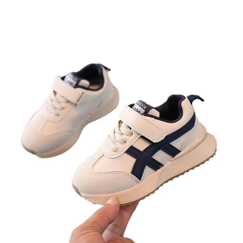 Children's synthetic leather sneakers with Velcro closure in white, beige, and khaki colours